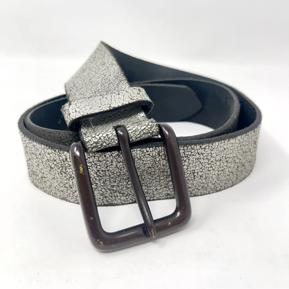 Vintage Old Navy Silver Crackle Metalic Leather‎ Belt, Dark Buckle Grunge